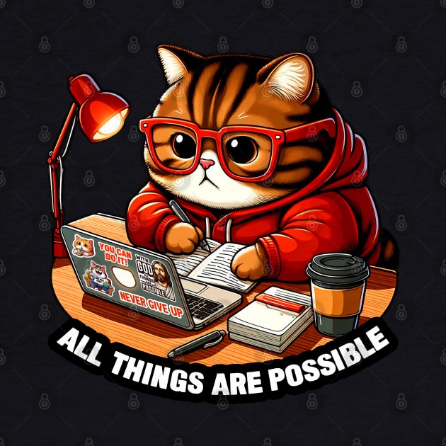 All Things Are Possible Chubby Tabby Cat Laptop Homework Hardworking Study Hard by Plushism